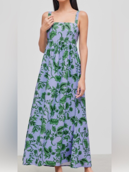Zara Dresses & Skirts - Zara Botanical Blue w/Green Floral Print Cotton Midi/Maxi Dress Size S